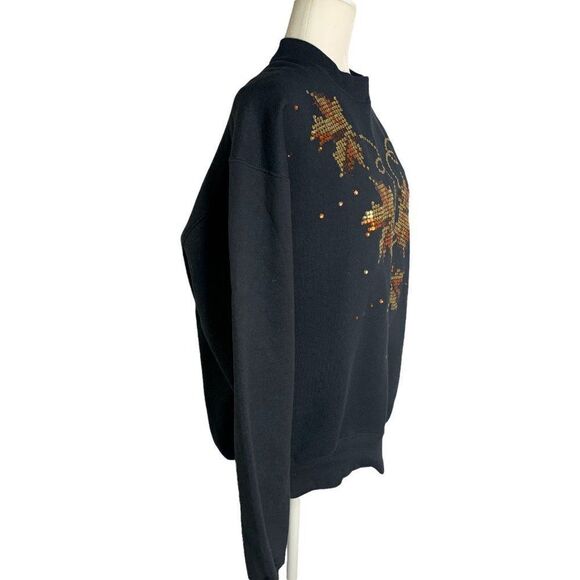 Vintage Sequin Pullover Crewneck Sweatshirt L Black Fleece Autumn Leaves Fall - Picture 5 of 6